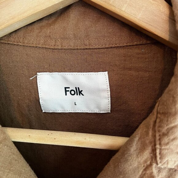 Folk Men's Maze Short Sleeve Chain Stitch Embroidery Shirt LARGE Tan Linen Blend - Picture 2 of 10